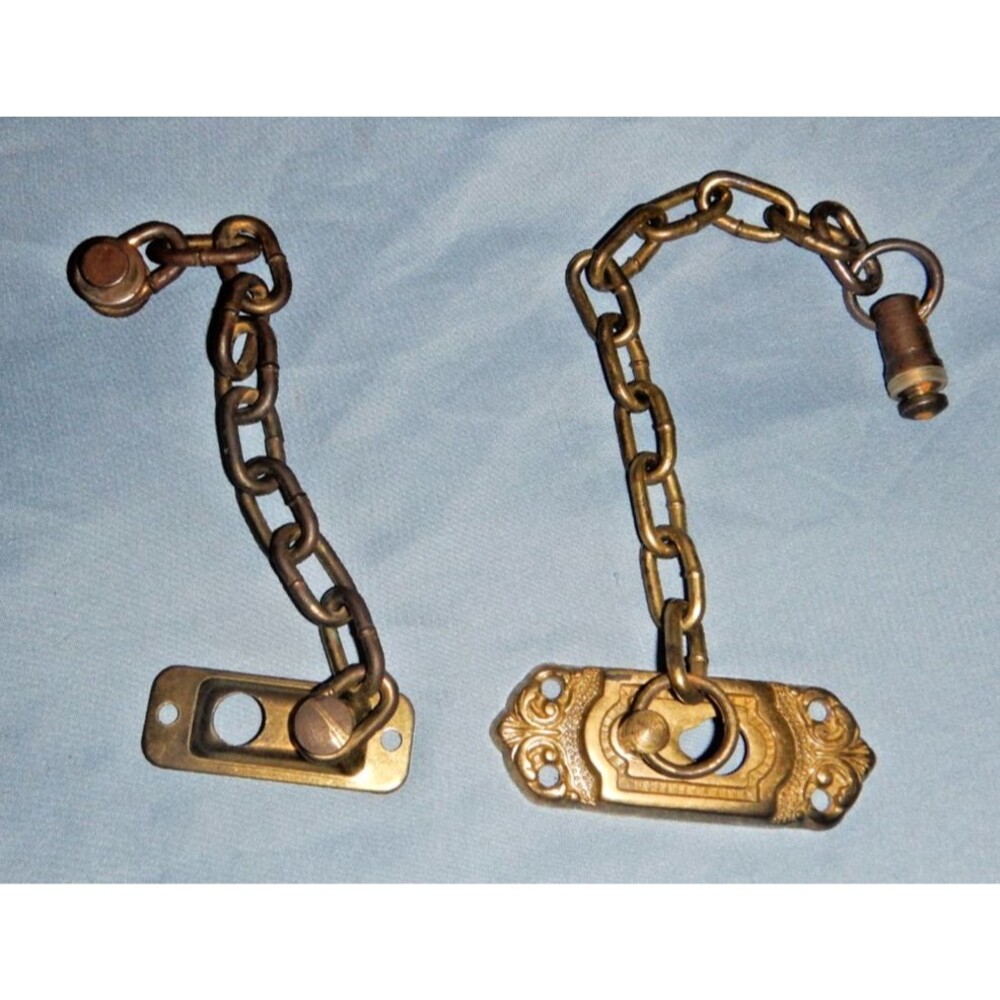 Antique Brass Door Chain Guards Lot of 2 Victorian Ornate Backplate Salvage